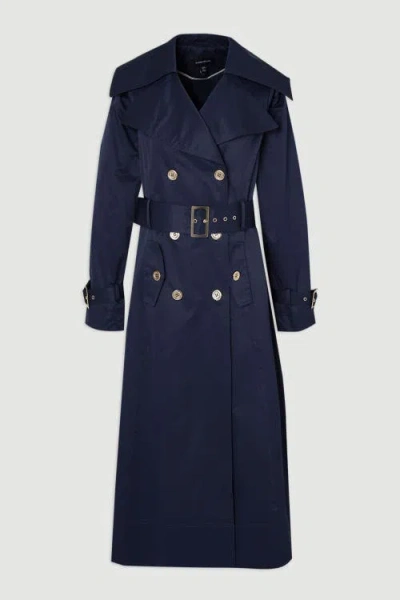 Karen Millen Cotton Sheen Belted Classic Trench Coat In Blue