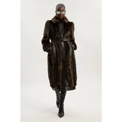 Karen Millen Faux Fur Pu Panelled Belted Midi Coat In Brown
