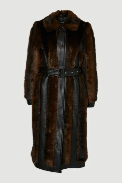 Karen Millen Faux Fur Pu Panelled Belted Midi Coat In Brown