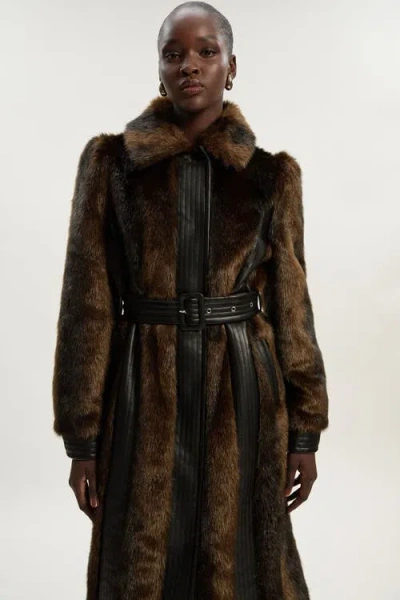 Karen Millen Faux Fur Pu Panelled Belted Midi Coat In Brown