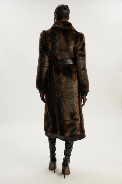 Karen Millen Faux Fur Pu Panelled Belted Midi Coat In Brown