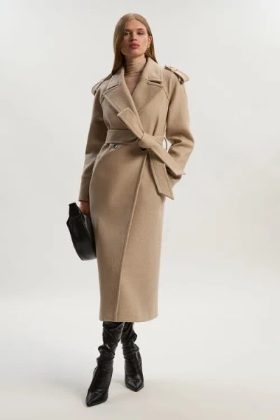 Karen Millen Wool Tailored Belted Midi Coat In Brown