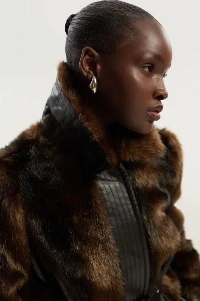 Karen Millen Faux Fur Pu Panelled Belted Midi Coat In Brown