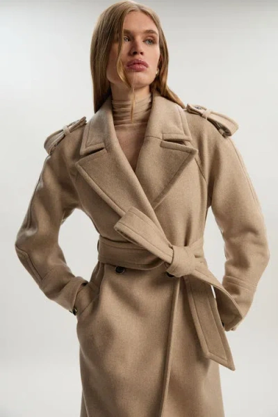 Karen Millen Wool Tailored Belted Midi Coat In Brown