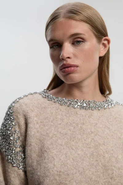 Karen Millen Embellished Trim Cosy Knit Jumper In Gray