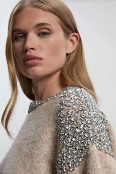 Karen Millen Embellished Trim Cosy Knit Jumper In Gray