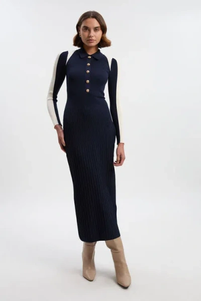 Karen Millen Rib Knit Colour Block Midi Dress In Blue