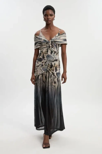 Karen Millen Petite Marble Print Mesh Maxi Dress In Multi