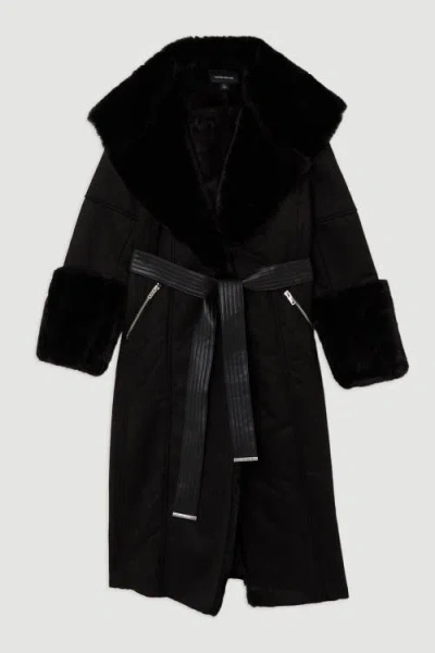 Karen Millen Faux Shearling Belted Midi Coat In Black