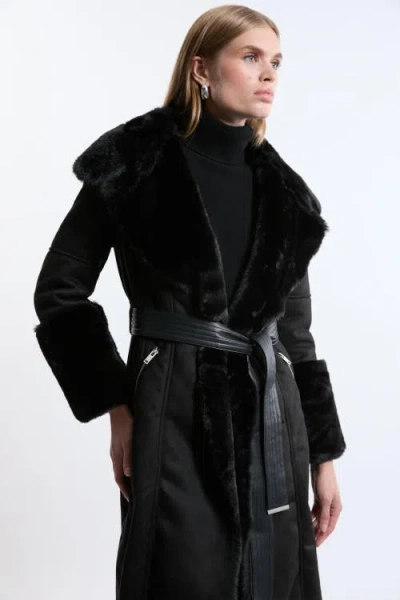 Karen Millen Faux Shearling Belted Midi Coat In Black
