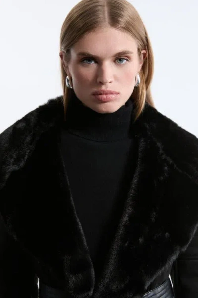 Karen Millen Faux Shearling Belted Midi Coat In Black