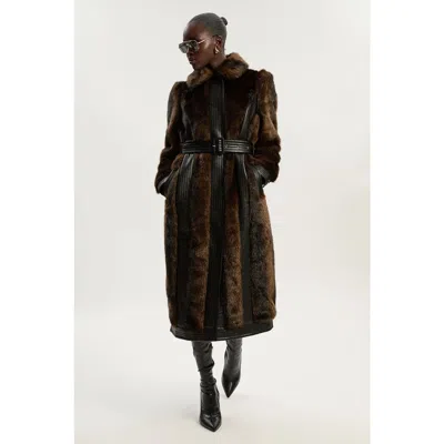 Karen Millen Petite Faux Fur Belted Midi Coat In Brown