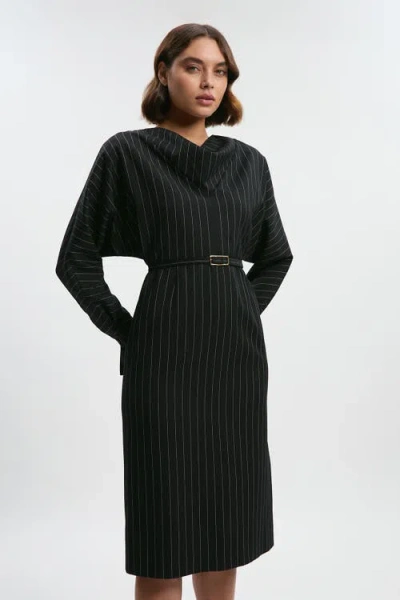 Karen Millen Pinstripe Cowl Neck Midi Dress In Black