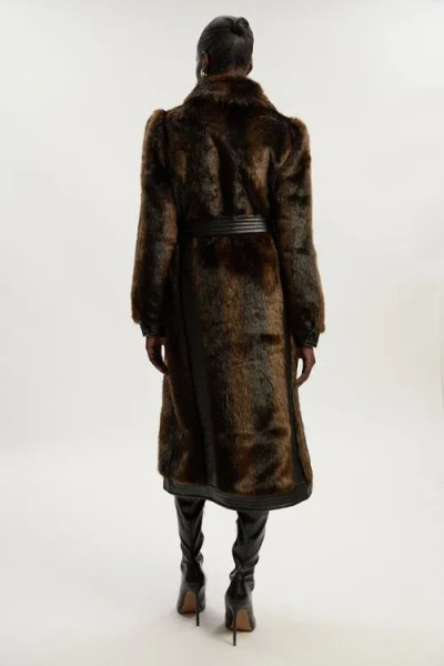 Karen Millen Petite Faux Fur Belted Midi Coat In Brown