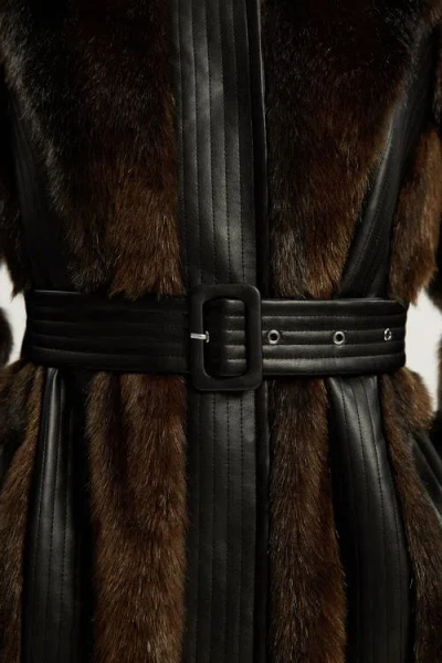 Karen Millen Petite Faux Fur Belted Midi Coat In Brown