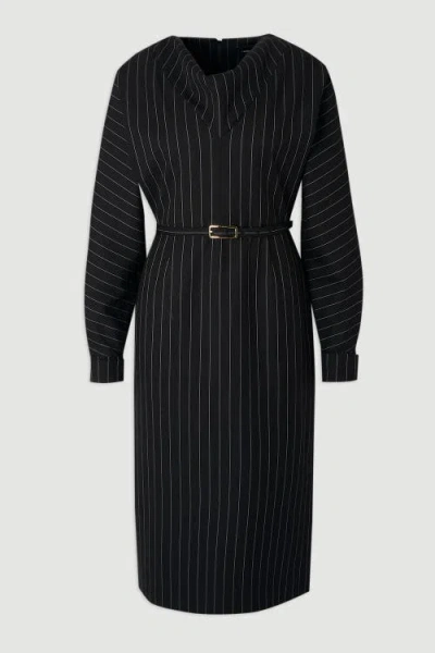 Karen Millen Pinstripe Cowl Neck Midi Dress In Black