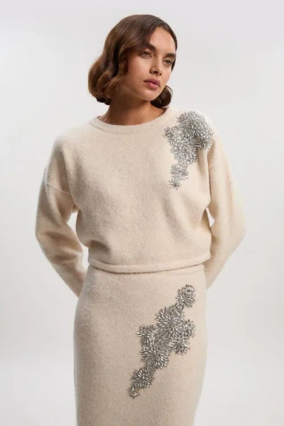 Karen Millen Wool Embellished Crew Neck Jumper In White