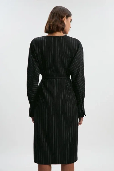 Karen Millen Pinstripe Cowl Neck Midi Dress In Black