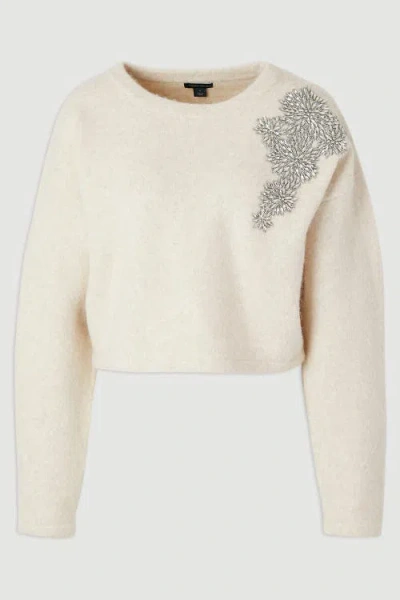Karen Millen Wool Embellished Crew Neck Jumper In White