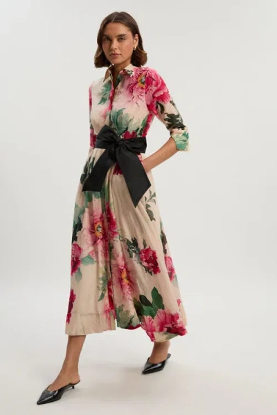 Karen Millen Floral Woven Belted Maxi Shirt Dress In Pink