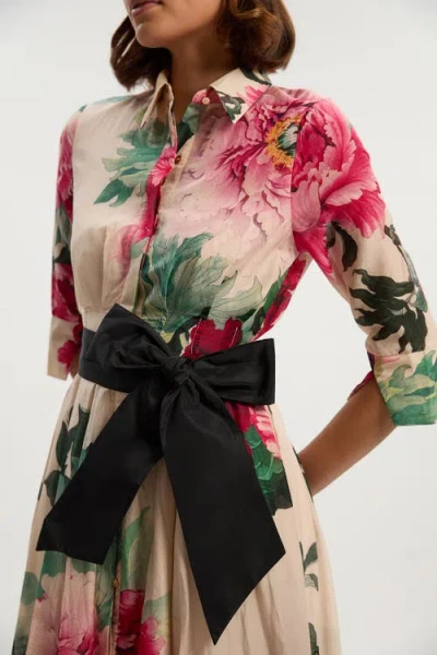 Karen Millen Floral Woven Belted Maxi Shirt Dress In Pink