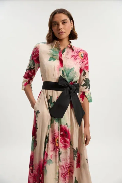 Karen Millen Floral Woven Belted Maxi Shirt Dress In Pink