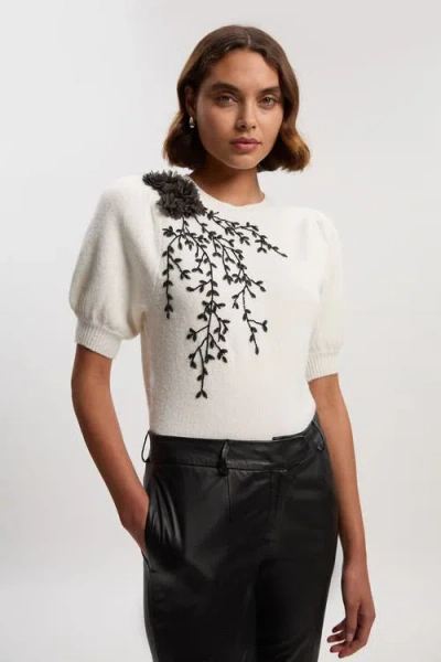 Karen Millen Flower And Beaded Puff Sleeve Knit Tee In White