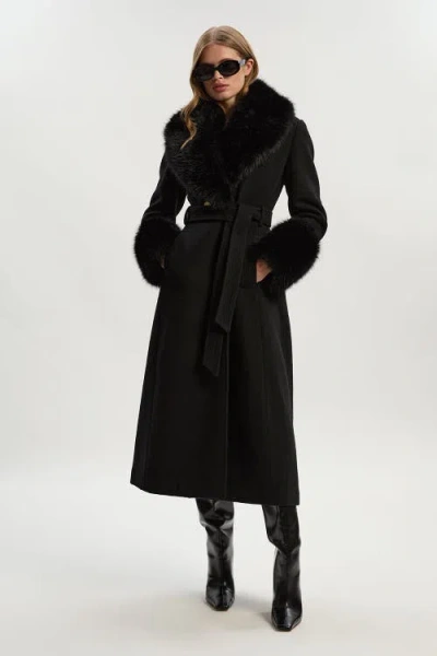 Karen Millen Wool Detachable Fur Belted Midi Coat In Black