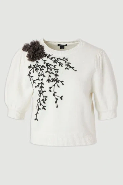 Karen Millen Flower And Beaded Puff Sleeve Knit Tee In White