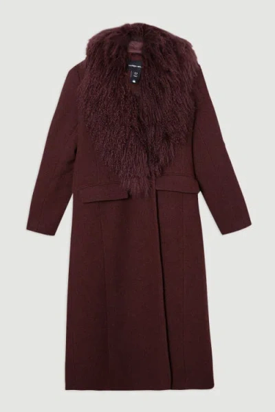 Karen Millen Wool Detachable Collar Midi Coat In Burgundy