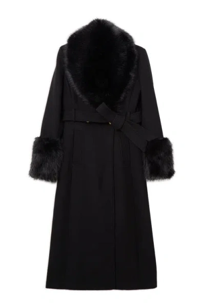 Karen Millen Wool Detachable Fur Belted Midi Coat In Black
