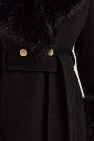 Karen Millen Wool Detachable Fur Belted Midi Coat In Black