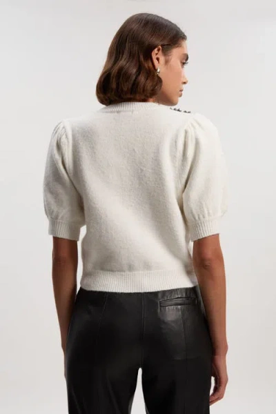Karen Millen Flower And Beaded Puff Sleeve Knit Tee In White