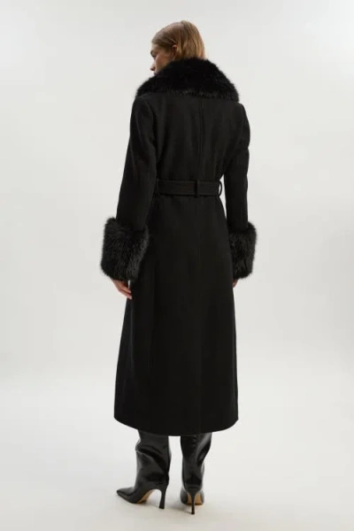 Karen Millen Wool Detachable Fur Belted Midi Coat In Black