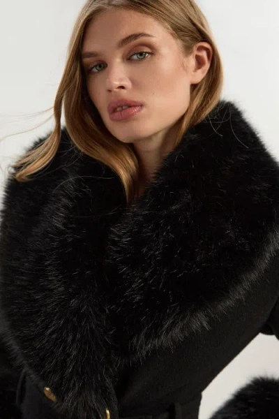 Karen Millen Wool Detachable Fur Belted Midi Coat In Black