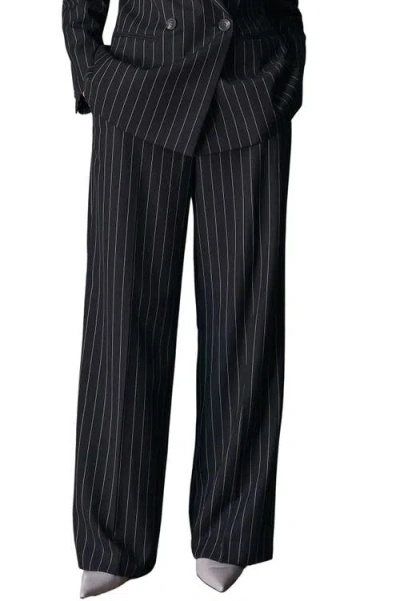 Karen Millen Pinstripe Wide Leg Tailored Trouser In Black