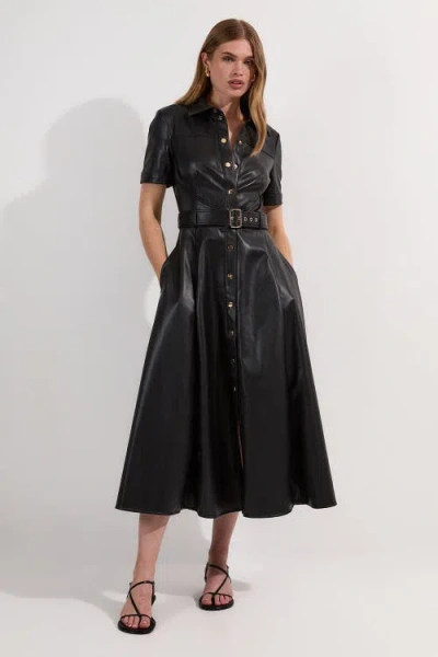 Karen Millen Faux Leather Belted Midi Shirt Dress In Black