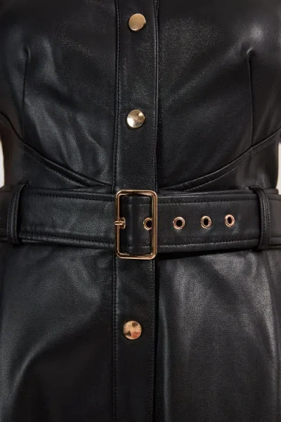 Karen Millen Faux Leather Belted Midi Shirt Dress In Black