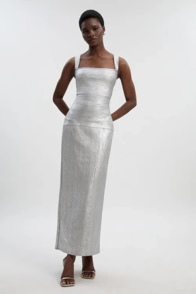 Karen Millen Metallic Strappy Knit Maxi Dress In White
