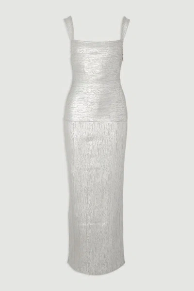 Karen Millen Metallic Strappy Knit Maxi Dress In White