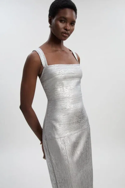 Karen Millen Metallic Strappy Knit Maxi Dress In White