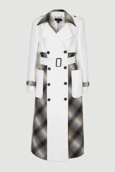 Karen Millen Wool Check Trench Midi Coat In White