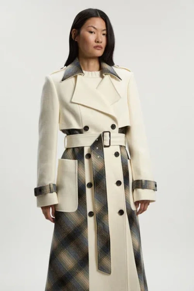 Karen Millen Wool Check Trench Midi Coat In White