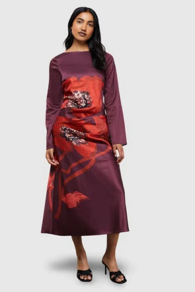 Warehouse Floral Placement Print Satin Midi Dress In Purple