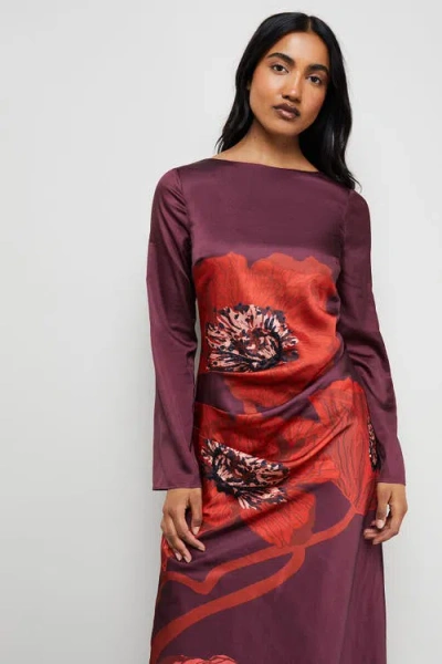 Warehouse Floral Placement Print Satin Midi Dress In Purple