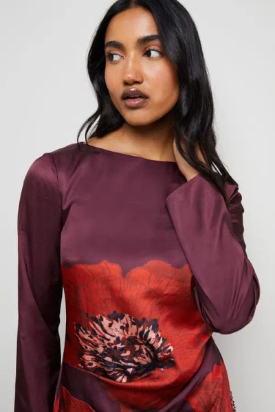 Warehouse Floral Placement Print Satin Midi Dress In Purple