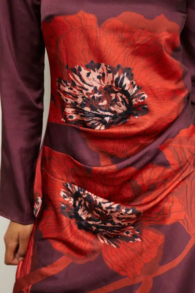 Warehouse Floral Placement Print Satin Midi Dress In Purple