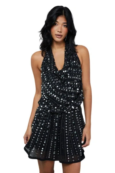 Warehouse Sequin Cowl Front Flippy Mini Dress In Black