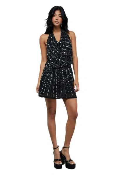 Warehouse Sequin Cowl Front Flippy Mini Dress In Black