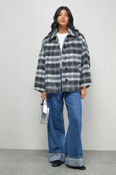 Warehouse Check Oversized Short Car Coat In Gray